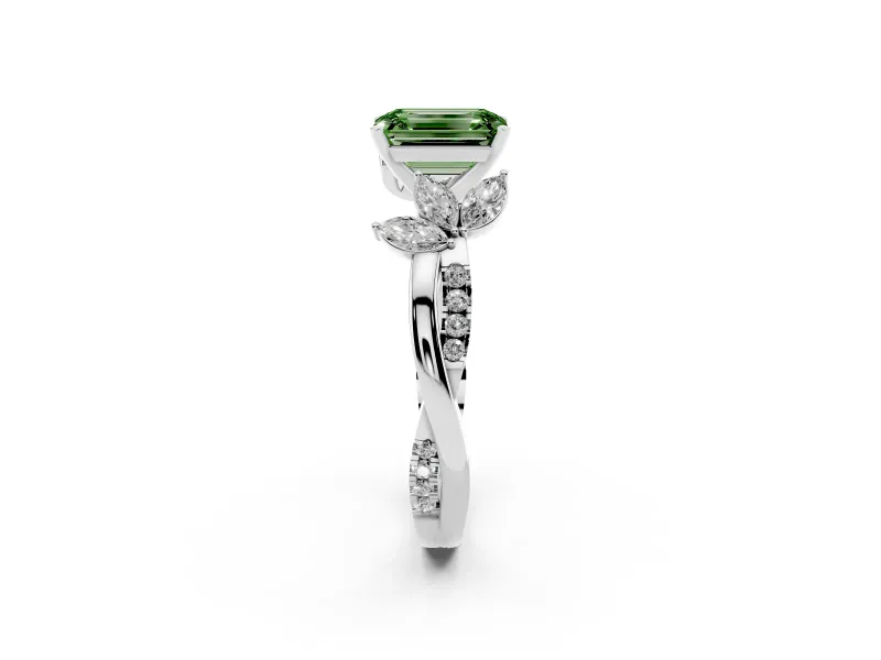 Fancy Green Emerald Cut Diamond Floral Vine Solitaire Engagement Ring Set in Silver with Marquise Leaves