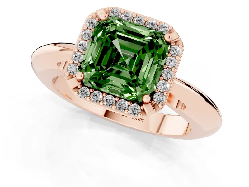 Fancy Green Asscher Cut Diamond Halo Engagement Ring Set in Rose gold with Plain Split Shank and Prong Setting