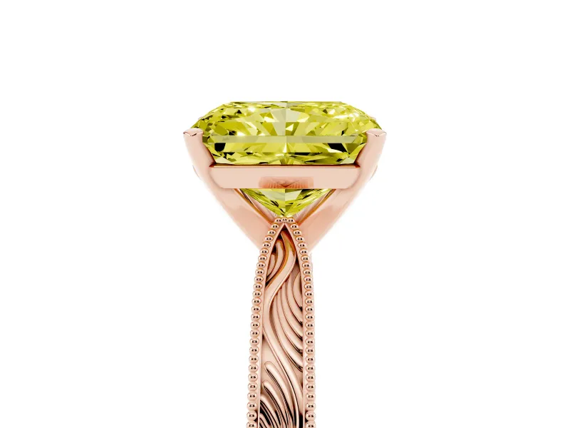 Fancy Yellow Radiant Cut Diamond Solitaire Milgrain Engraved Band Set in Rose gold with Prong Setting