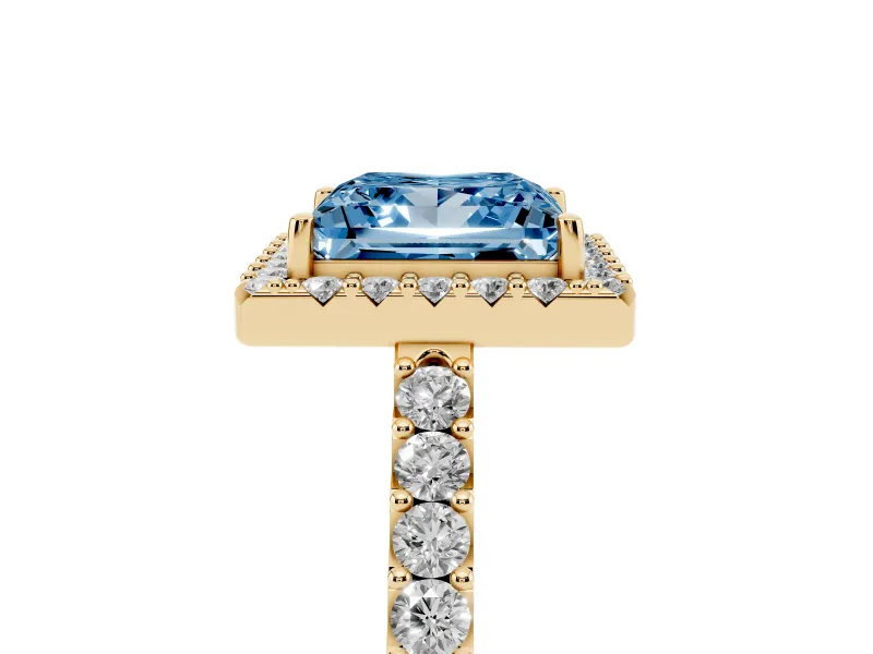 Fancy Blue Princess Cut Diamond Halo Pavé Solitaire Ring Set in Yellow gold with Prong-Set Center Stone