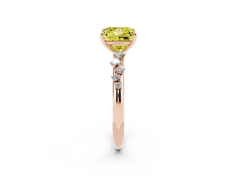 Fancy Yellow Princess Cut Diamond Cluster Solitaire Ring Set in Rose gold with Prong Setting