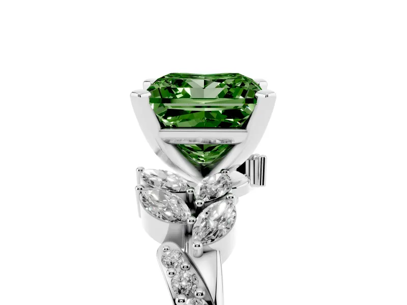 Fancy Green Princess Cut Diamond Solitaire Ring Set in White gold with Marquise Twist Band and Prong Setting