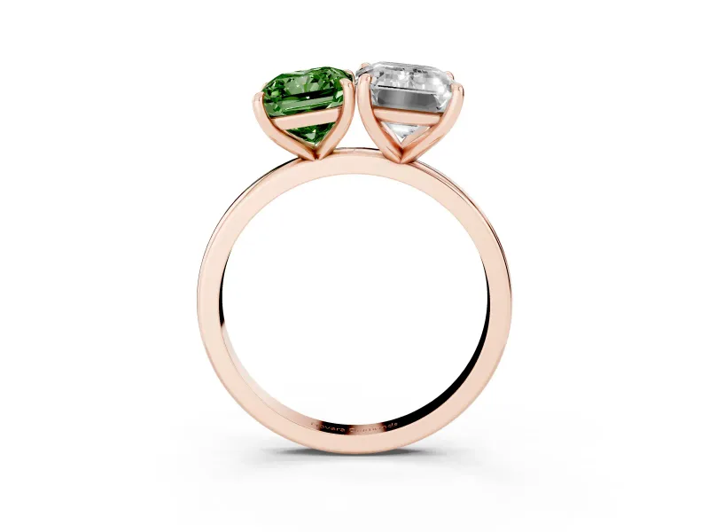 Fancy Green Radiant Cut and Emerald Cut Toi Moi Ring Set in Rose gold with Prong Setting