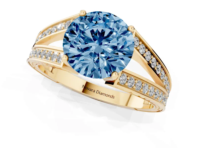 Round Split Shank Pavé Engagement Ring Setting for a Fancy Blue Lab-Grown Diamond | Yellow Gold
