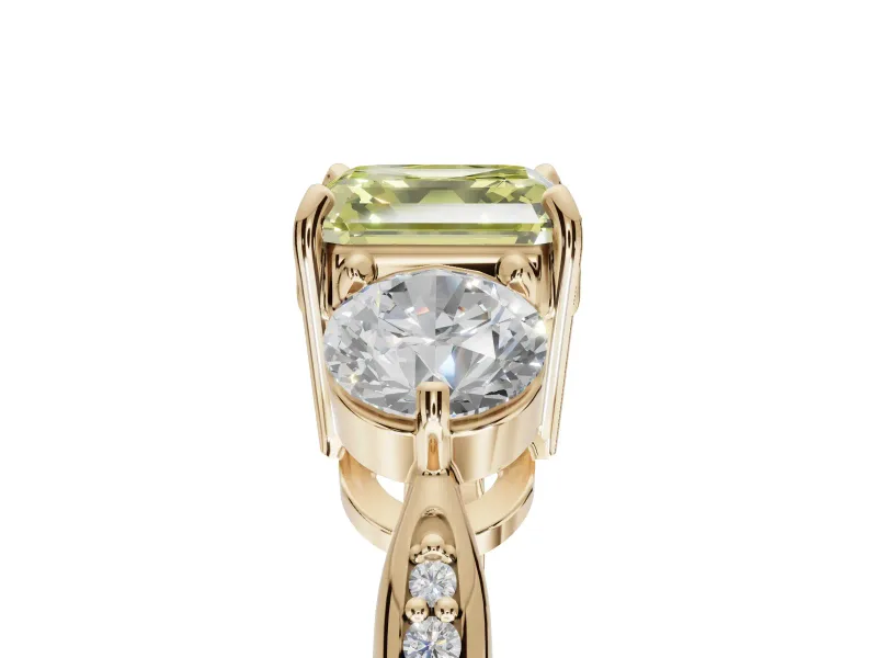 Asscher Cut Three Stone Engagement Ring Setting for a Fancy Yellow Lab-Grown Diamond | Tapered Pave Band | Yellow Gold