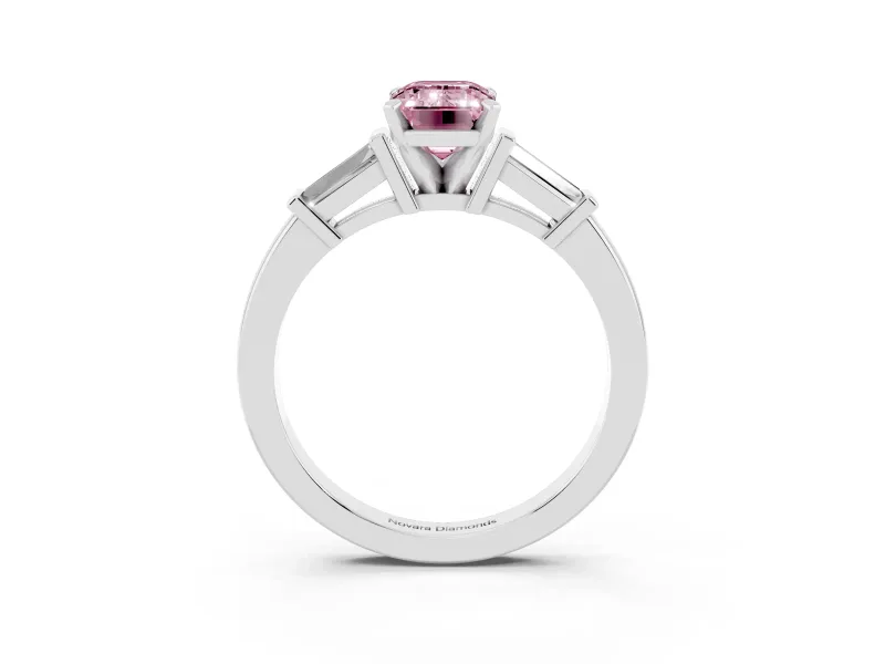 Fancy Pink Emerald Cut Diamond Solitaire Ring Set in Platinum with Tapered Baguette Accents and Prong Setting