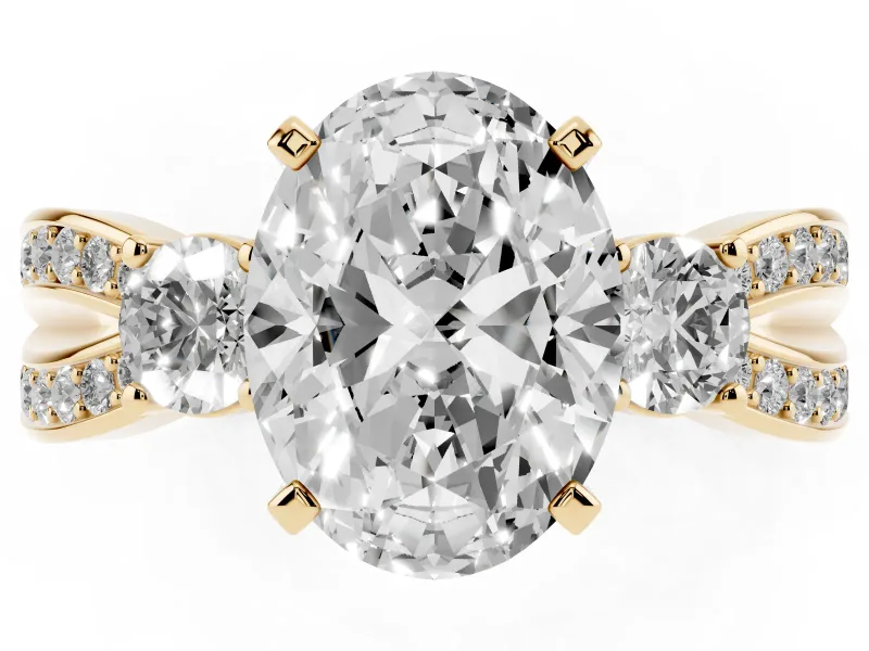 Three-Stone Oval Cut Diamond Twist Band Ring Set in Yellow gold with Pavé Accents and Prong Setting