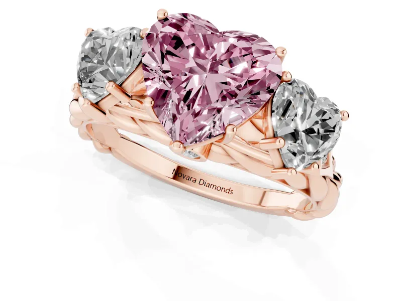 Heart-Shaped Three Stone Engagement Ring Setting for a Fancy Pink Lab-Grown Diamond | Braided Band | Rose Gold