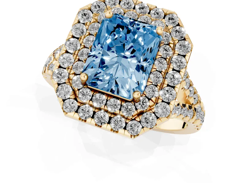 Radiant Cut Halo Split Shank Engagement Ring Setting for a Fancy Blue Lab-Grown Diamond | Pavé Strands | Yellow Gold