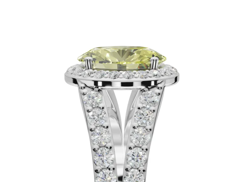 Oval Halo Pavé Engagement Ring Setting for a Fancy Yellow Lab-Grown Diamond | Narrow Split Shank | Sterling Silver