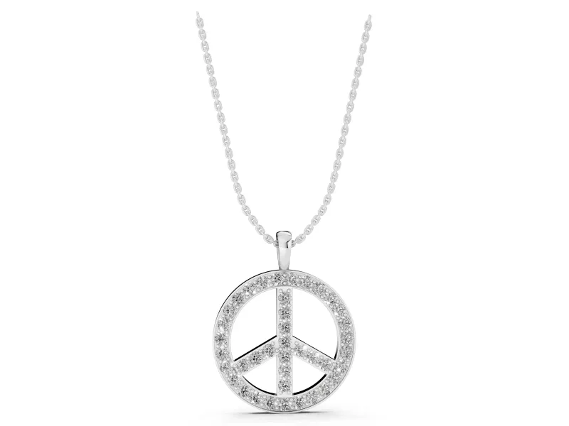 Round Lab-Grown Diamond Pavé Peace Sign Pendant Necklace | Shared Prongs | Sterling Silver