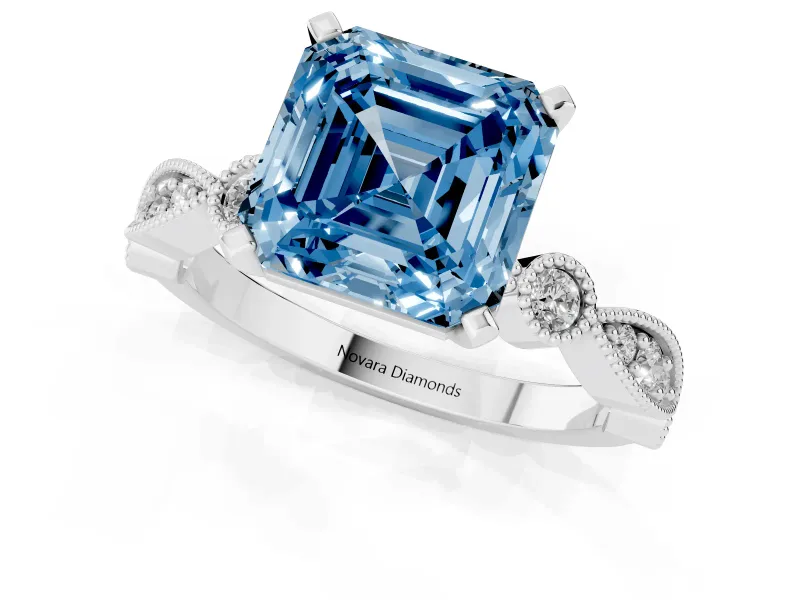Fancy Blue Asscher Cut Diamond Solitaire Engagement Ring Set in Platinum with Milgrain Bezel Accent Band