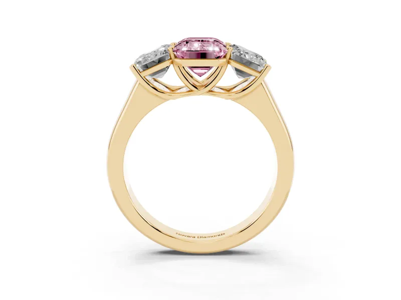 Emerald Cut Three Stone Engagement Ring Setting for a Fancy Pink Lab-Grown Diamond | Basket Prong Heads | Yellow Gold