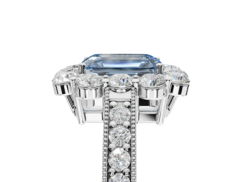 Emerald Cut Vintage Halo Engagement Ring Setting for a Fancy Blue Lab-Grown Diamond | Platinum