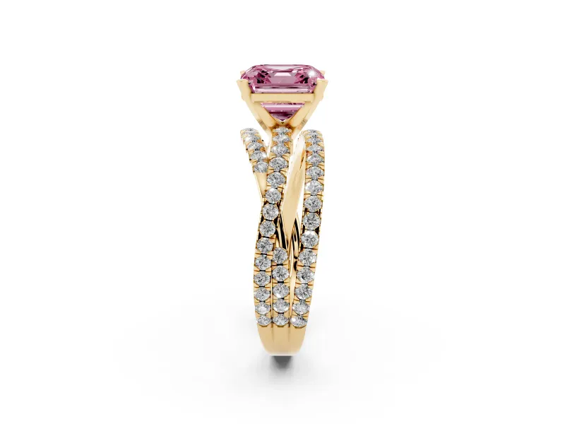 Fancy Pink Asscher Cut Diamond Solitaire Twist Band Ring Set in Yellow gold with Pavé Setting and Prong Head