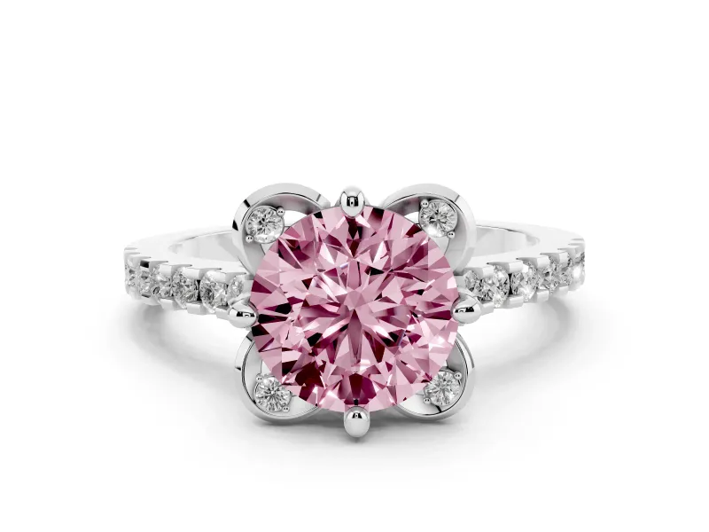 Fancy Pink Round Cut Diamond Solitaire Ring Set in Platinum with Pavé Band and Floral Prong Setting
