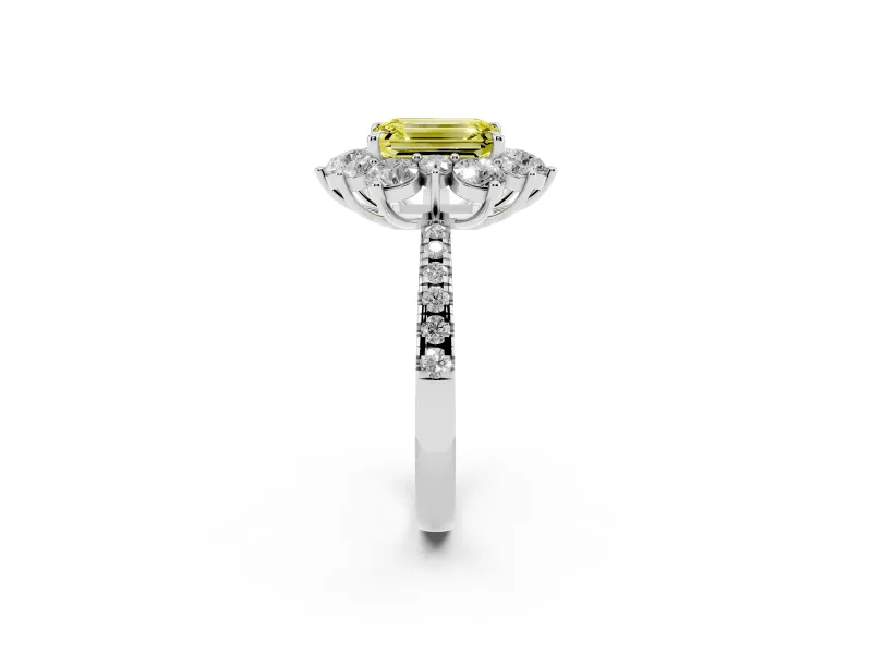 Fancy Yellow Emerald Cut Diamond Floral Halo Ring Set in White gold with Round Pavé Band and Prong Setting