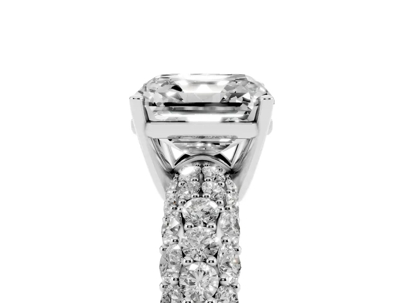 Asscher Cut Multi Row Pave Solitaire Engagement Ring Setting | Domed Shoulders | Sterling Silver