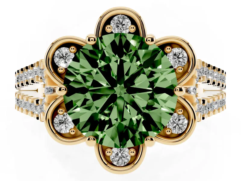 Round Floral Halo Engagement Ring Setting for a Fancy Green Lab-Grown Diamond | Pavé Split Shank | Yellow Gold