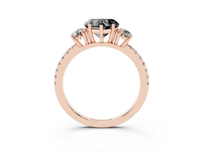 Fancy Black Heart Cut Diamond Three-Stone Ring Set in Rose gold with Pavé Band and Graduated Sides