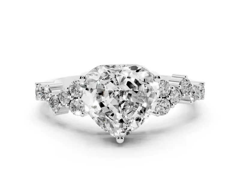 Heart Cut Diamond Ring Set in Silver with Scattered Round Accents