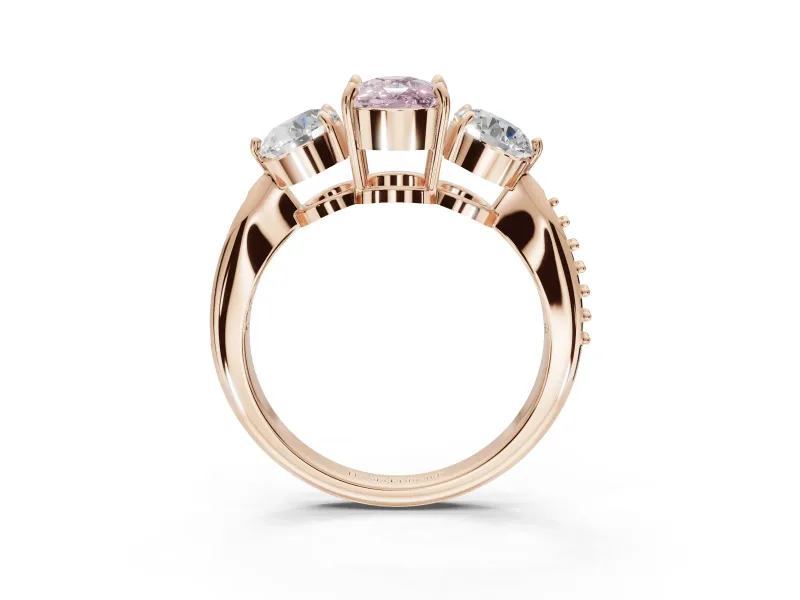 Cushion Cut Three Stone Engagement Ring Setting for a Fancy Pink Lab-Grown Diamond | Tapered Pave Band | Rose Gold