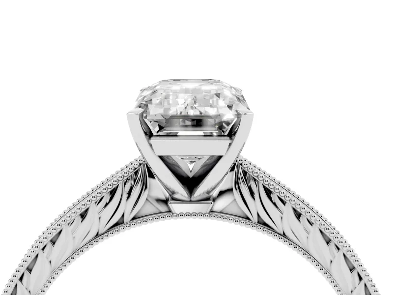 Emerald Cut Engraved Solitaire Engagement Ring Setting | Milgrain Edges | Sterling Silver