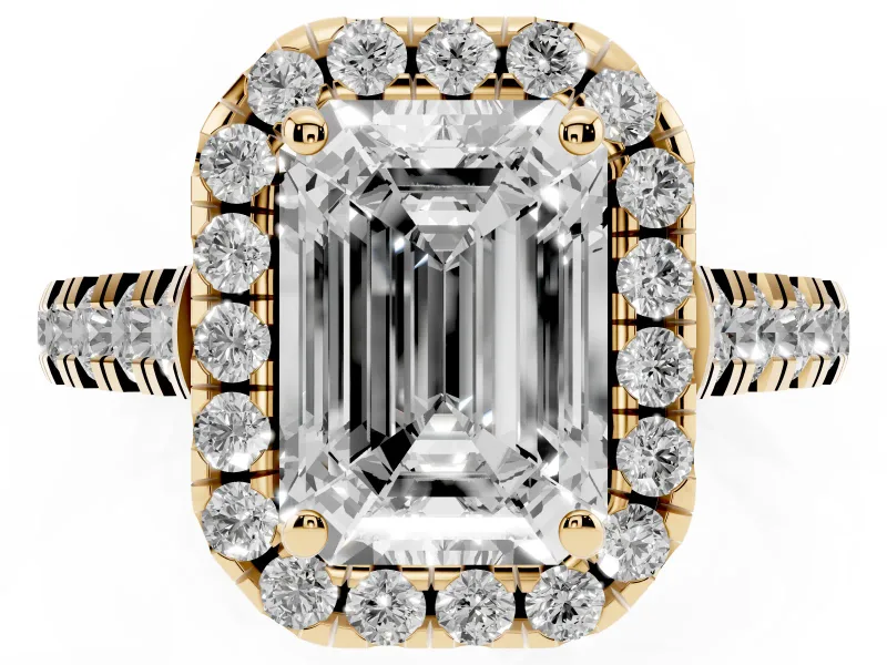 Emerald Cut Halo Engagement Ring Setting | Shared Prong Shoulders | Yellow Gold