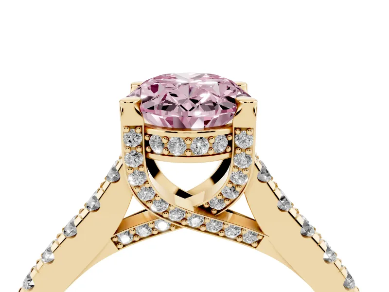 Oval Hidden Halo Pave Engagement Ring Setting for a Fancy Pink Lab-Grown Diamond | Claw Prongs | Yellow Gold