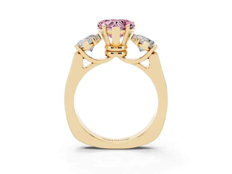Heart-Shaped Three Stone Engagement Ring Setting for a Fancy Pink Lab-Grown Diamond | Plain Squared Band | Yellow Gold
