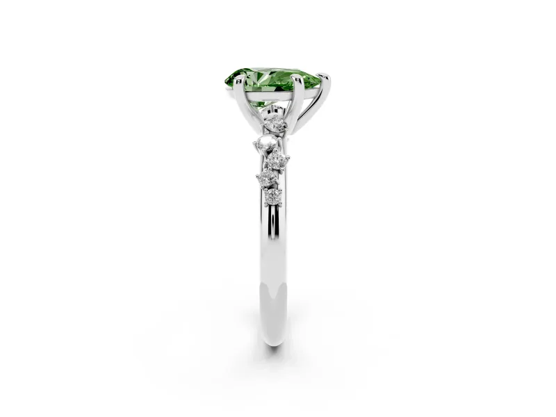 Fancy Green Pear Cut Diamond Solitaire Vine Band Ring Set in White gold with Round Accents and Prong Setting