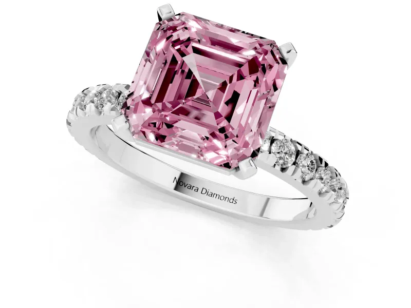 Fancy Pink Asscher Cut Diamond Pavé Band Solitaire Set in White gold with Prong Setting