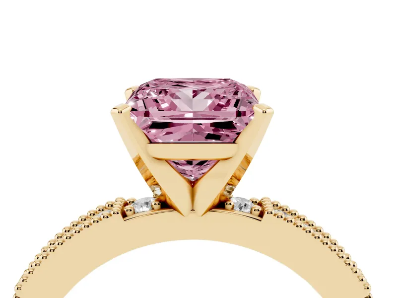 Fancy Pink Princess Cut Diamond Solitaire Ring Set in Yellow gold with Slim Pavé Band and Prong Setting