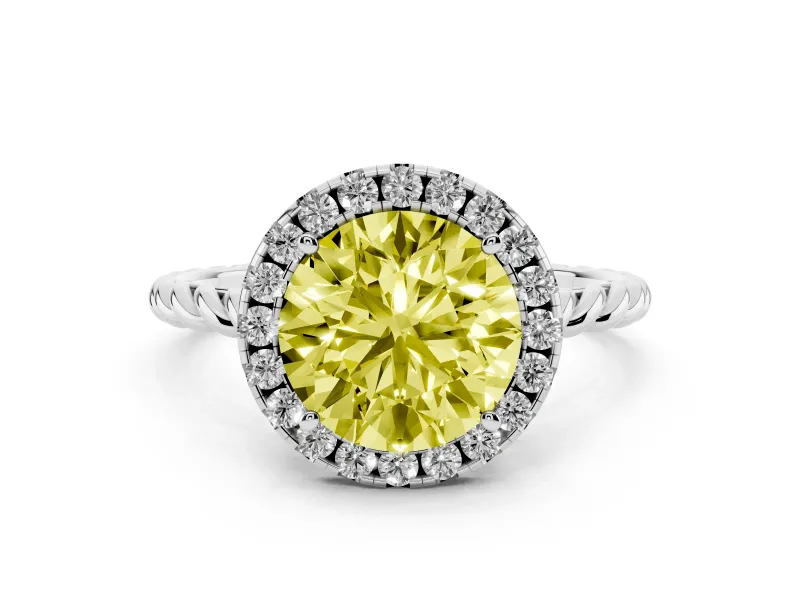 Fancy Yellow Round Cut Diamond Halo Ring Set in Platinum with Plain Twisted Band
