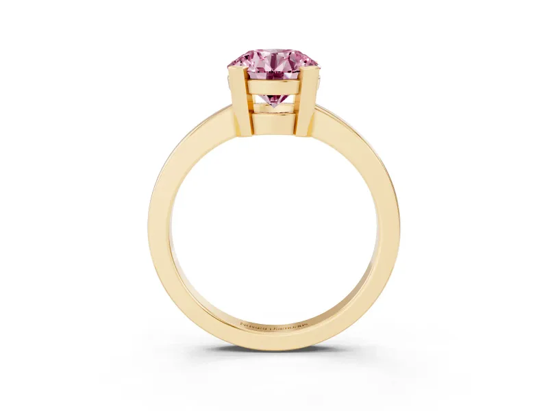 Fancy Pink Round Cut Diamond Solitaire Ring Set in Yellow gold with Prong Head and Smooth Polished Band