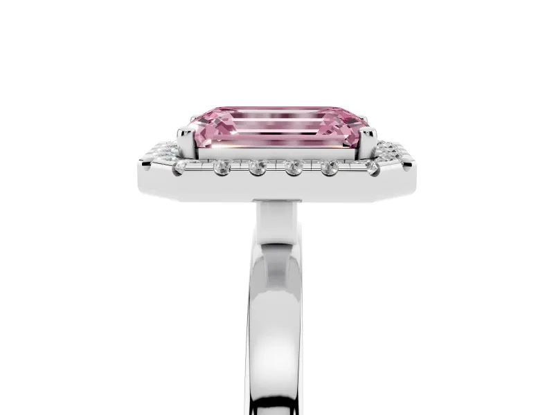 Emerald Cut Thin Halo Engagement Ring Setting for a Fancy Pink Lab-Grown Diamond | Plain Polished Band | Platinum