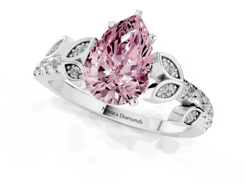 Fancy Pink Pear Cut Diamond Solitaire Leaf-Inspired Ring Set in Silver with Pavé Band and Prong Setting