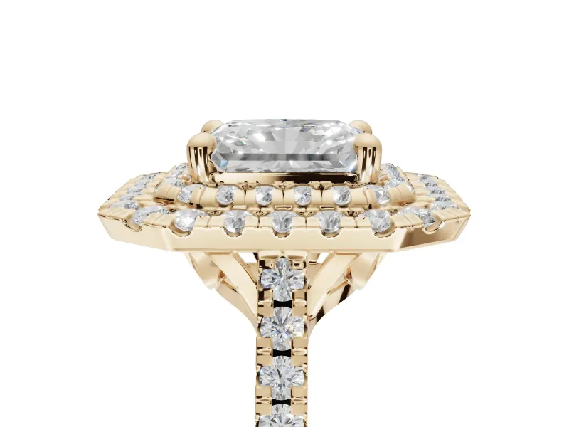 Radiant Cut Double Halo Engagement Ring Setting | Pave Shoulders | Yellow Gold