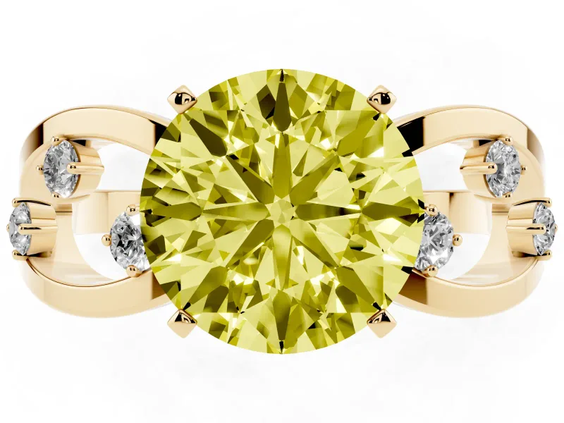 Fancy Yellow Round Cut Diamond Solitaire Ring Set in Yellow gold with Side Stones on Criss-Cross Band and Prong Setting