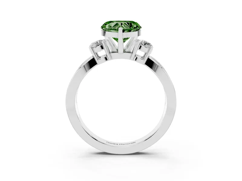 Fancy Green Three-Stone Heart Cut Diamond Twist Band Ring Set in Silver with Pavé Accents and Prong Setting