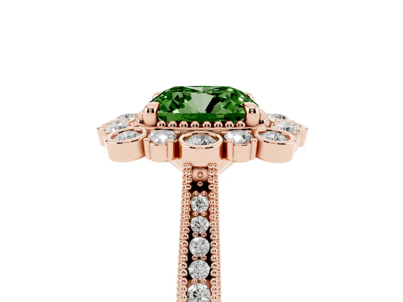 Cushion Cut Scalloped Halo Engagement Ring Setting for a Fancy Green Lab-Grown Diamond | Milgrain Edges | Rose Gold