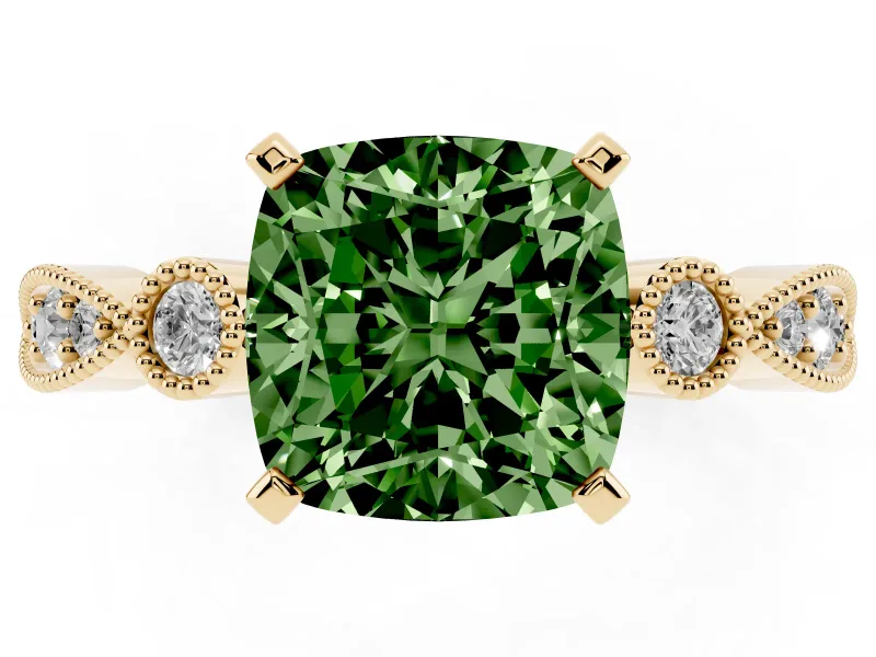 Fancy Green Cushion Cut Diamond Solitaire Engagement Ring Set in Yellow gold with Milgrain Bezel Accent Band