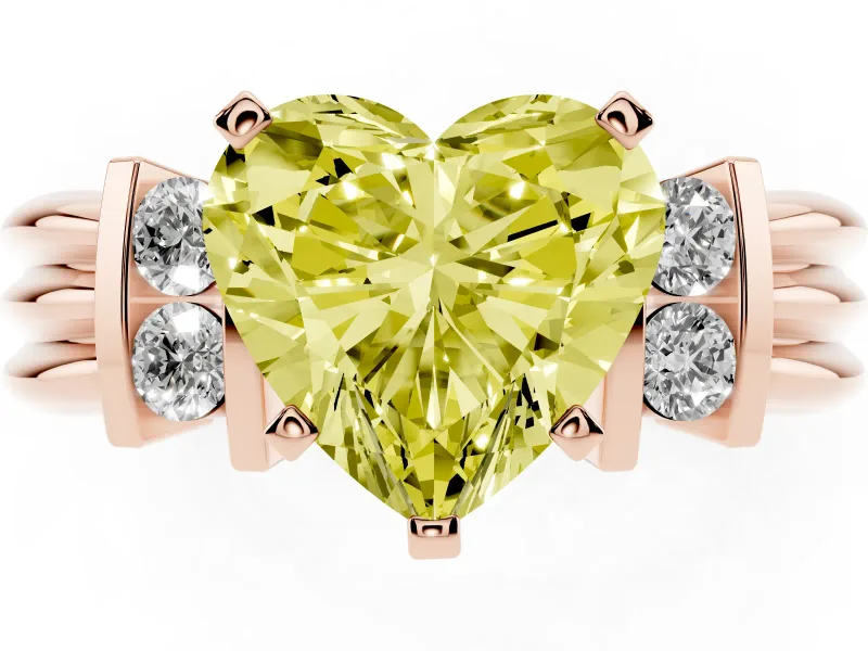 Fancy Yellow Three-Stone Heart Cut Diamond Channel Set Ring Set in Rose gold with Bar Prongs
