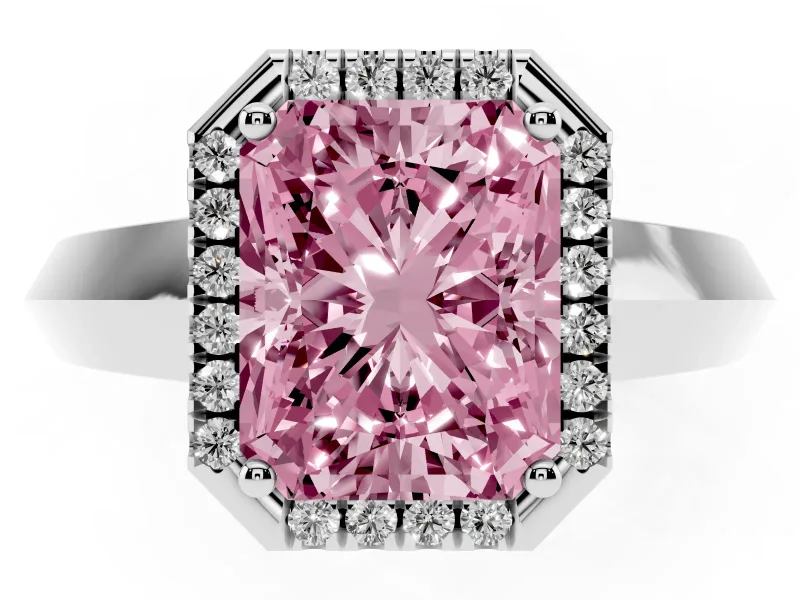 Fancy Pink Radiant Cut Diamond Halo Ring Set in Silver with Cathedral Band and Prong Setting