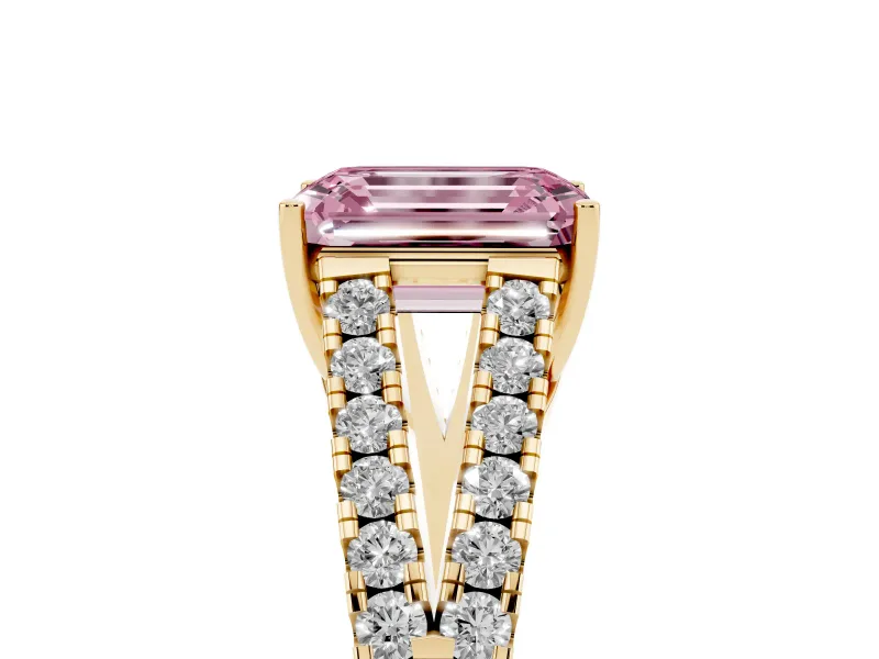 Emerald Cut Graduated Split Shank Engagement Ring Setting for a Fancy Pink Lab-Grown Diamond | Yellow Gold