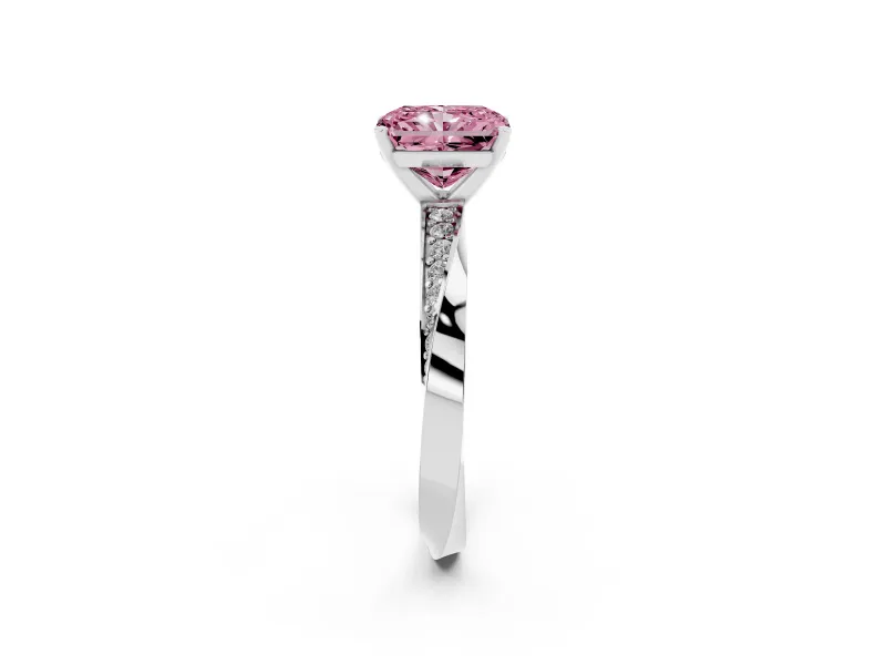 Fancy Pink Radiant Cut Diamond Engagement Ring Set in Platinum with Side Stone Accents and Prong Setting