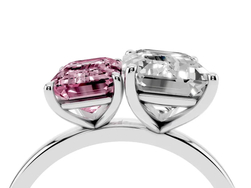 Fancy Pink Emerald Cut and Emerald Cut Toi Moi Ring Set in Silver with Prong Setting