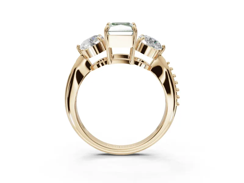Radiant Cut Three Stone Engagement Ring Setting for a Fancy Green Lab-Grown Diamond | Tapered Pave Band | Yellow Gold