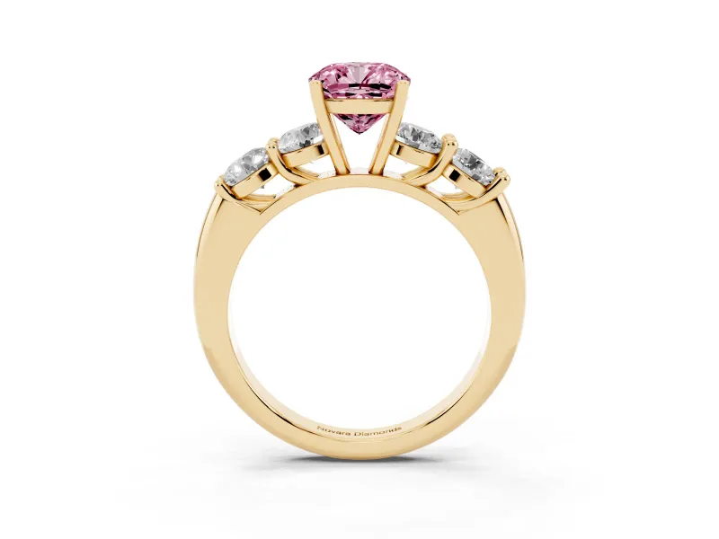 Cushion Cut Five Stone Engagement Ring Setting for a Fancy Pink Lab-Grown Diamond | Prong Set Side Stones | Yellow Gold