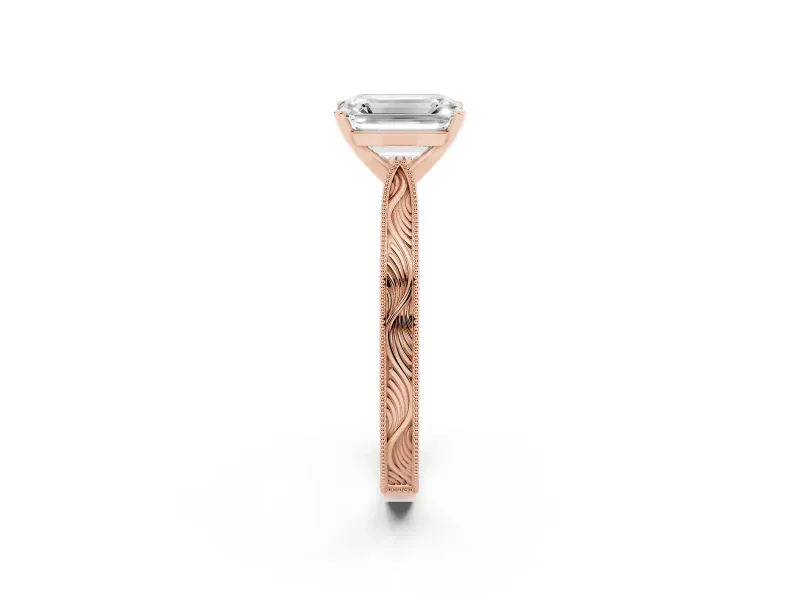 Emerald Cut Diamond Solitaire Milgrain Engraved Band Set in Rose gold with Prong Setting